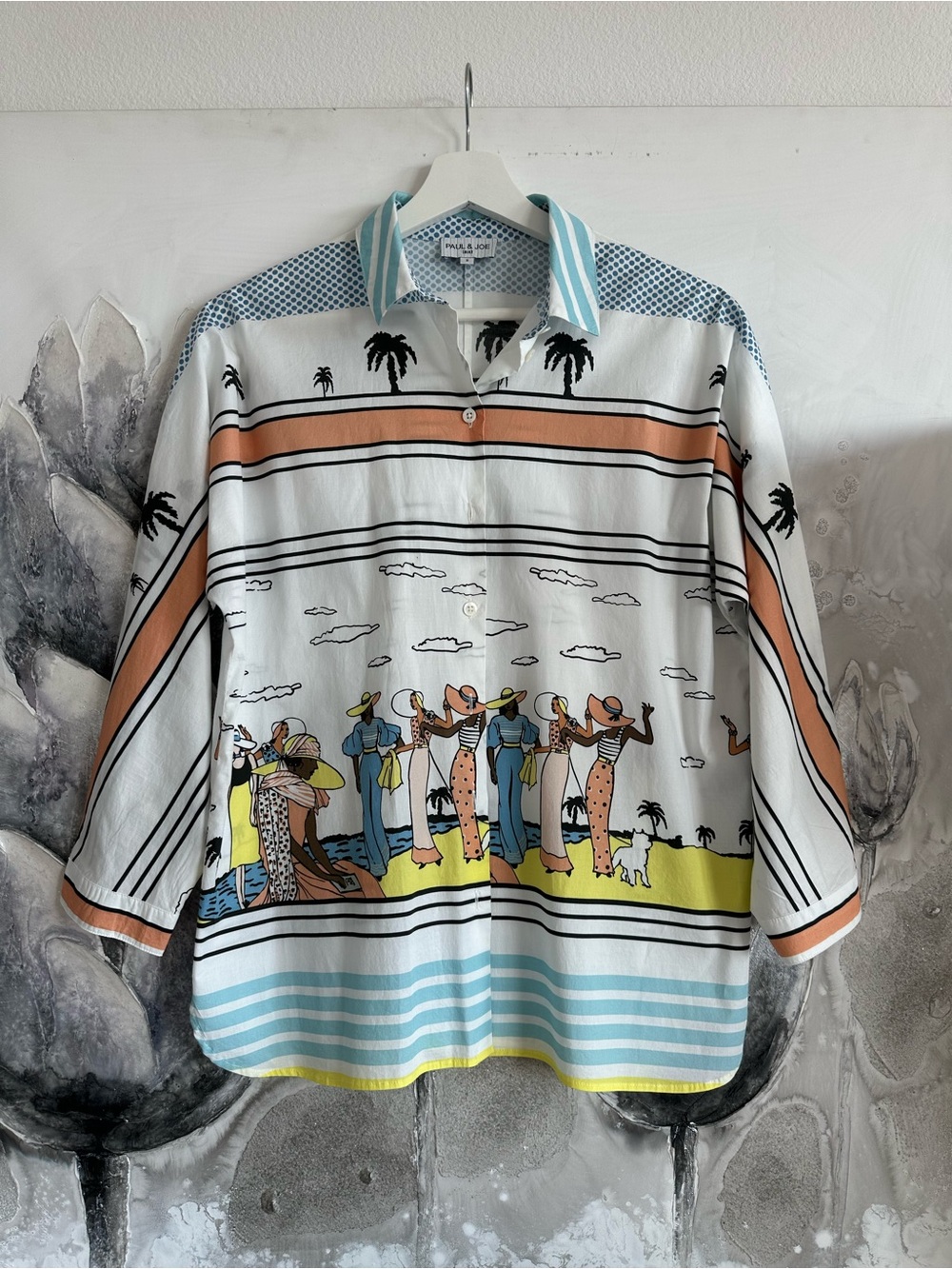 Paul & Joe Striped Tropical Button-Up Shirt in White, Peach, Light Blue